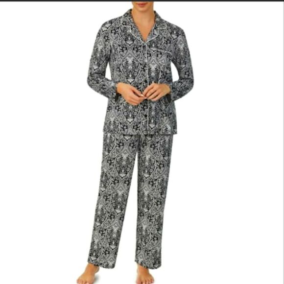Ellen Tracy Long Sleeve Collared Paisley 2 Piece Pajama Set Sz XL - Picture 1 of 12